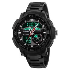 SKMEI Goliath Hitam - Jam Tangan Pria - Rantai Stainless Steel - 1121 Dual Time Black + Free Box Jam Tangan Flash