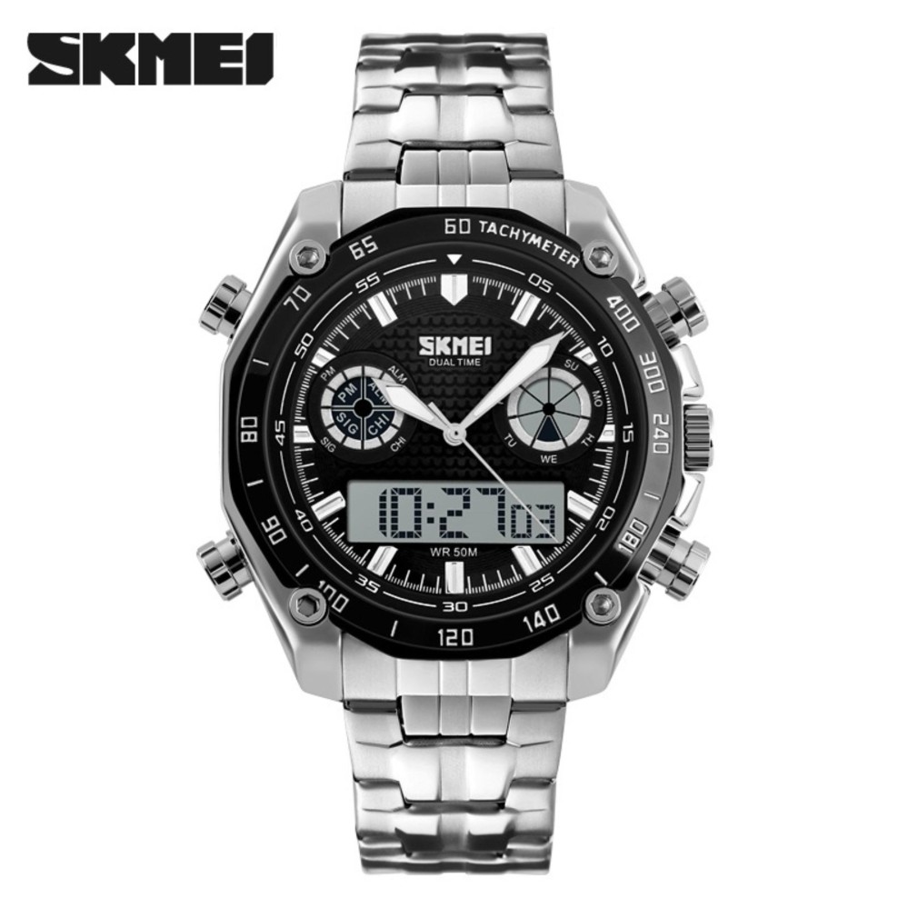 SKMEI Jam Tangan Analog Digital Pria Jam Tangan Pria Jam Tangan Dual Time Waterproof Water Resistant Bergaransi AD1204 - Silver Hitam