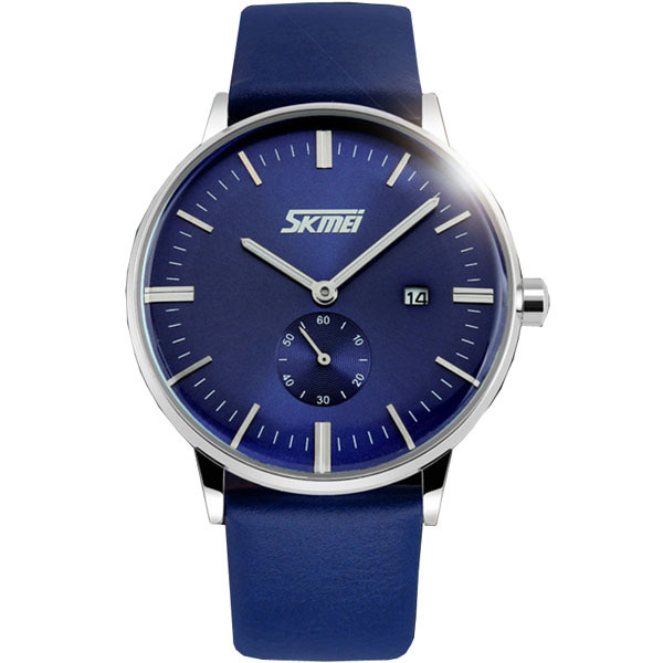 Skmei Jam Tangan Pria Casual Men Leather Strap Tali Kulit Anti Air Water Resistant WR 30m Kerja Elegant Maskulin Fashion Watch 9083CL - Biru