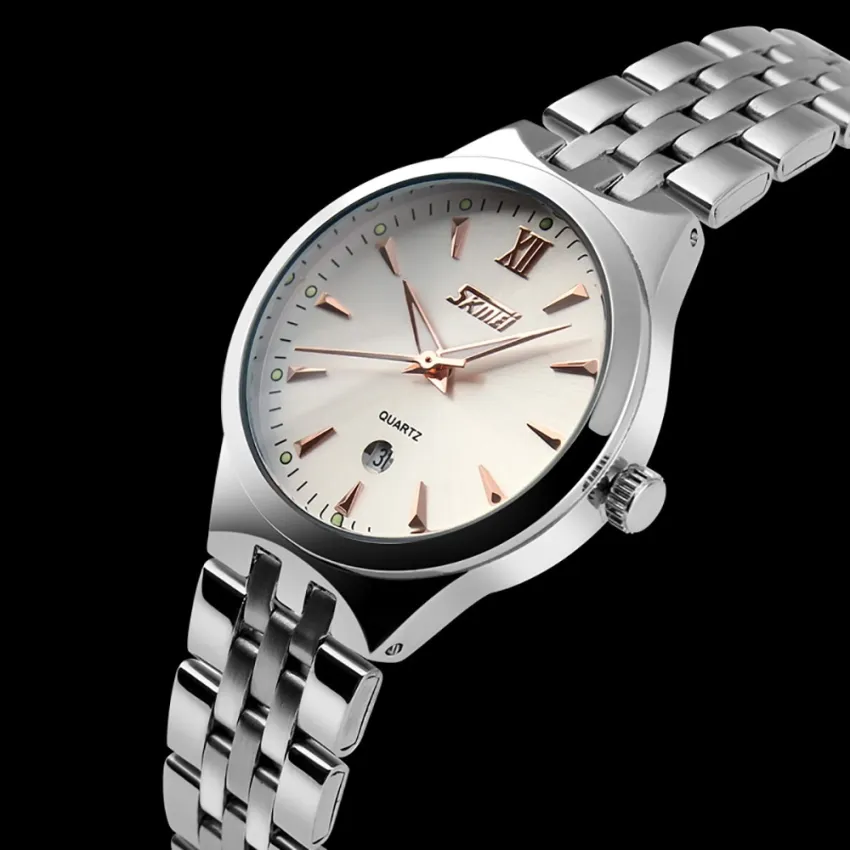 Harga skmei merek jam tangan pria kuarsa bisnis fashion casual full steel tanggal pasangan kekasih 30