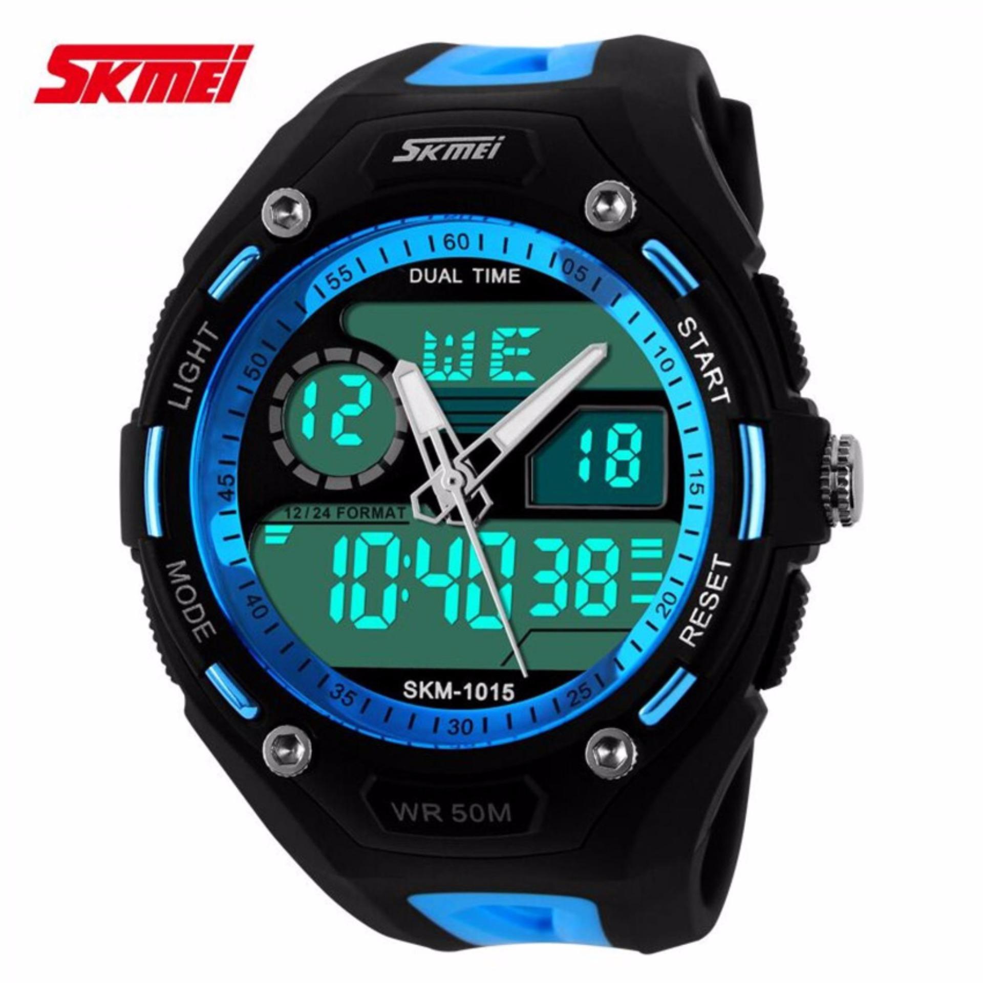 SKMEI S-Shock Sport Watch Water Resistant Anti Air WR 50m AD1015 Jam Tangan Pria Tali Strap Karet Day Date Digital Alarm Wristwatch Wrist Watch Fashion Accessories Stylish Trendy Sport Design - Hitam Biru