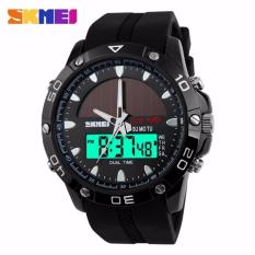 SKMEI Solar Power Sport LED Watch Water Resistant Anti Air WR 50m Jam Tangan Pria AD1064E Dual Time Strap Tali Karet Silicone Tenaga Surya Sporty Fashion Design - Hitam