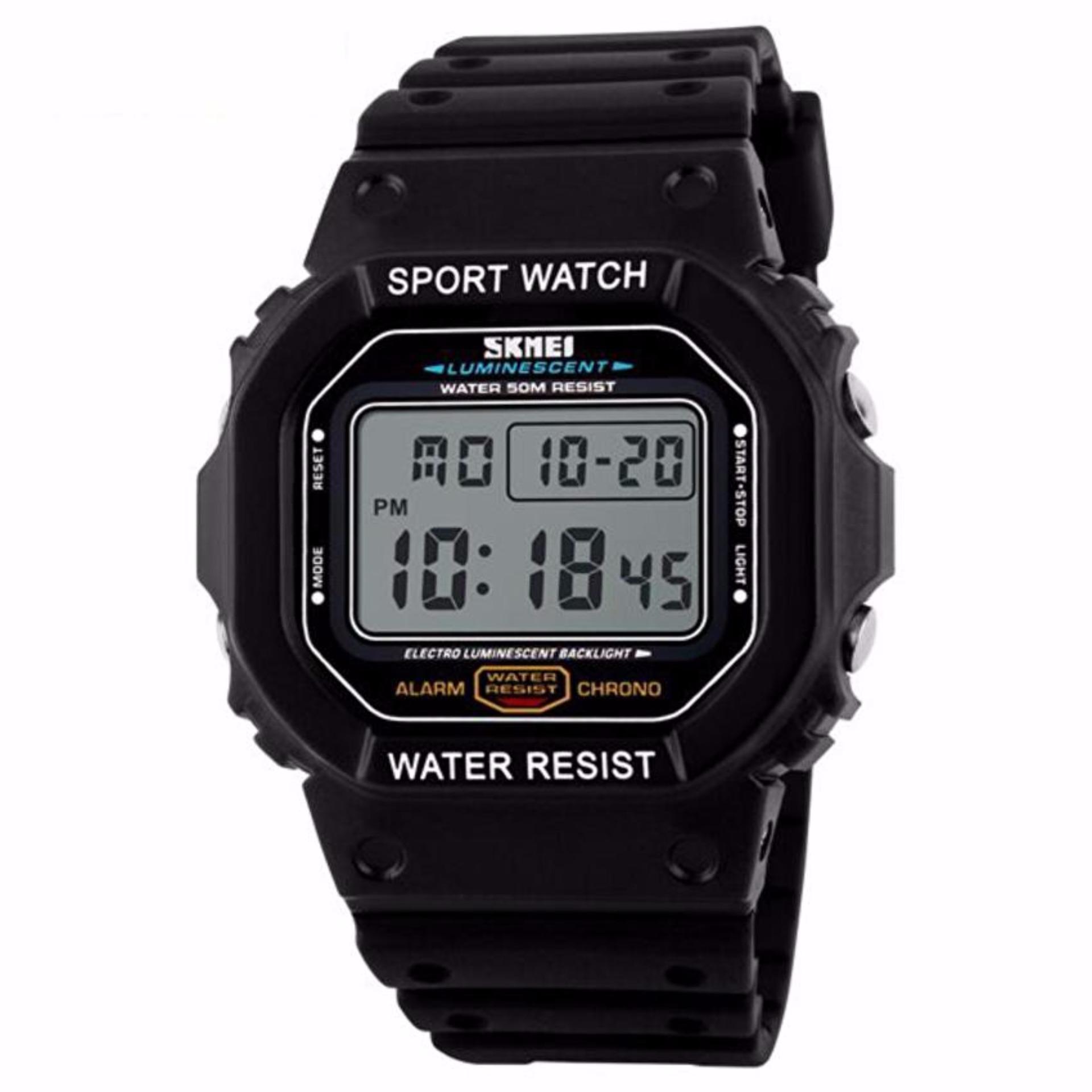 SKMEI Sport Men LED Watch Anti Air Water Resistant WR 50m DG1134 Jam Tangan Pria Tali Strap Karet Silicone Digital Alarm Wristwatch Wrist Watch Fashion Accessories Stylish Trendy Model Baru Sporty Design - Hitam