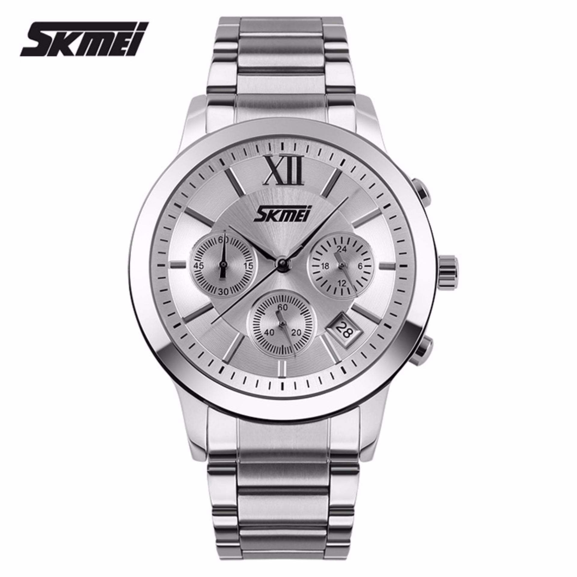 SKMEI Voltury Putih - Jam Tangan Pria - Rantai Stainless Steel - 9097 Voltury White + Free Box Jam Tangan Flash