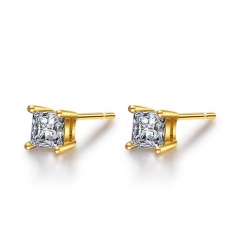Solid 925 Perak Berkilau Anting-Anting Solitaire CZ Diamond Gold Warna Anting Persegi untuk Wanita-Intl