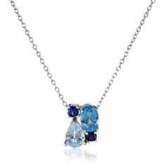 Sterling Perak Asli Biru Batu Topas dan Dibuat Biru Safir Cluster Liontin Kalung, 18