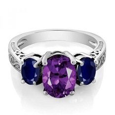 Sterling Perak Ungu Amethyst & Biru Safir 3 Cincin Batu (2.76 Cttw, Tersedia Dalam Ukuran 5, 6, 7, 8, 9)-Internasional