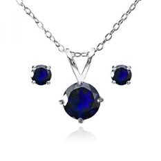 Sterling Perak Disimulasikan Safir Biru Sepanjang Solitaire Kalung dan Stud Anting-Anting Set-Internasional