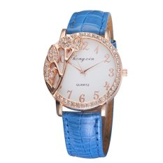 Sunshine Modern Yang Cantik Bunga Bertatahkan Berlian Ladies QUARTZ Analog Wrist Watches (Biru)