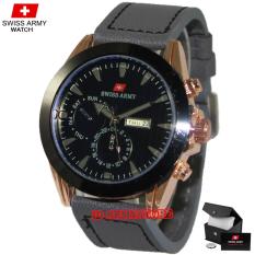 Swiss Army - Jam Tangan Analog Pria - Kulit Abu-Abu - Dial Hitam - Bezel Gold SAX 1264-01