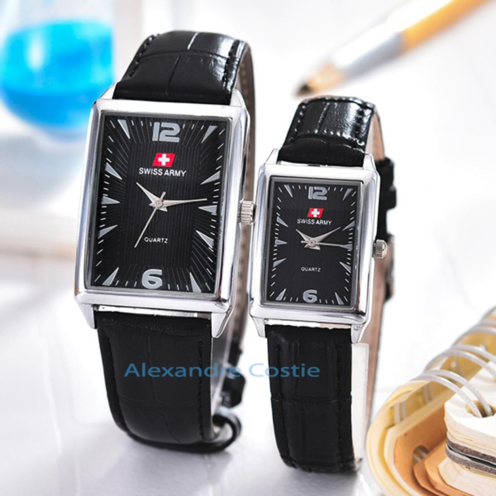 SWISS ARMY-JAM TANGAN COUPLE-BODY SILVER/BLACK DIAL- SA-2274GL-SB-COUPLE-BLACK LEATHER