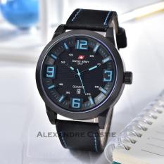Swiss Army - Jam Tangan Pria - Body Black - Black/Blue Dial - Black Leather strap - SA-KLT-TGL-1190-BB/Biru-Kulit Hitam