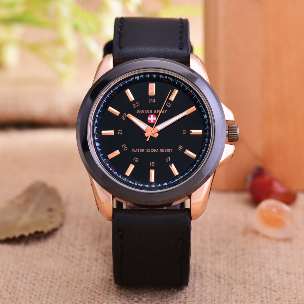 Swiss Army - Jam Tangan Pria - Body Rose Gold - Black Dial - Black Leather Strap - SA-RG-3821CC-Kulit hitam