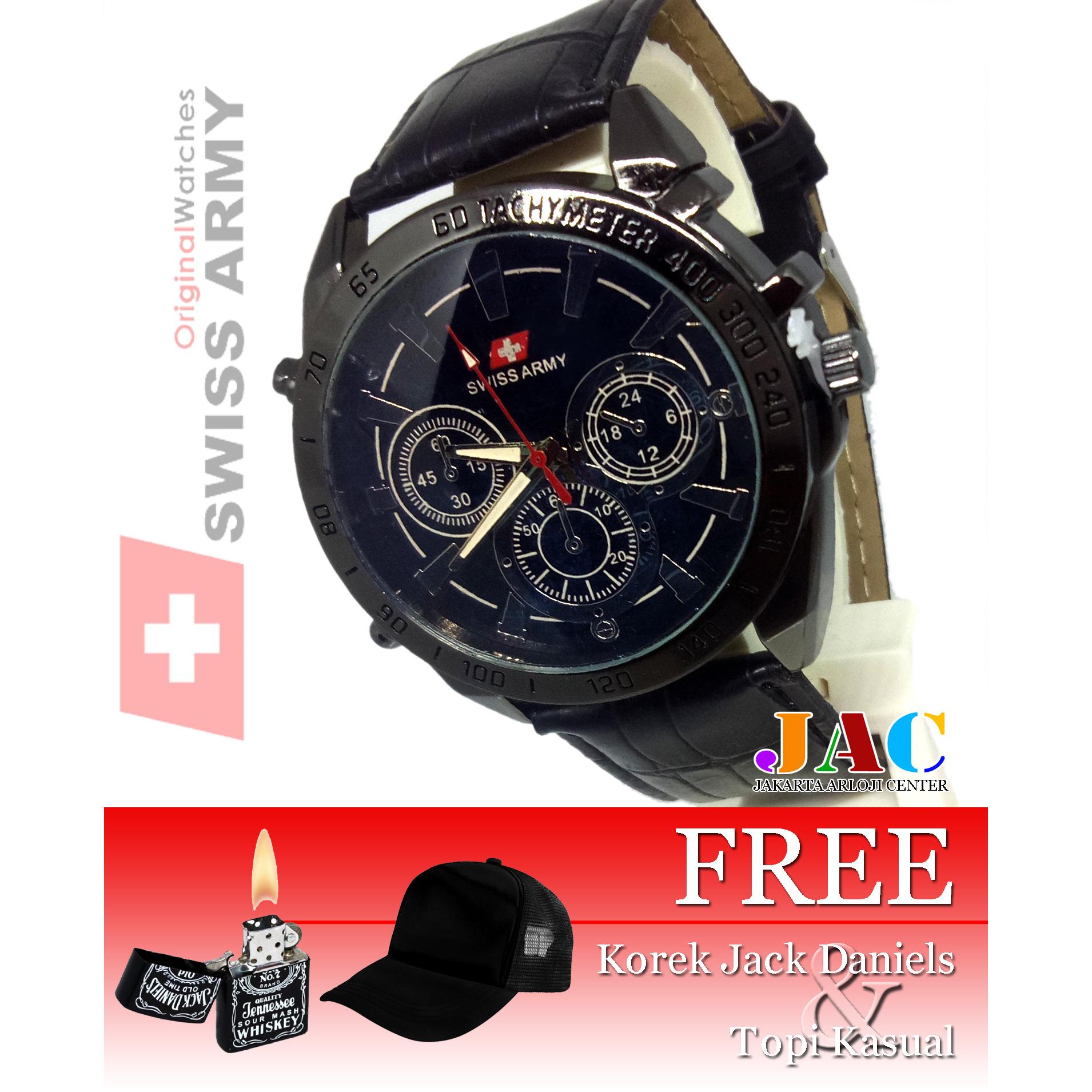 Swiss Army - Jam Tangan Pria - Desain Chrono - Tali Kulit [ Bonus Topi Polos Kasual Dan Jack Daniels ]