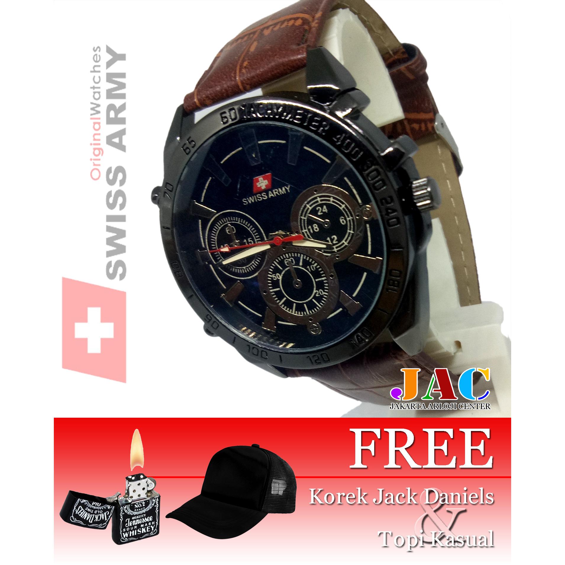 Swiss Army - Jam Tangan Pria - Desain Chrono - Tali Kulit [ Bonus Topi Polos Kasual Dan Jack Daniels ]