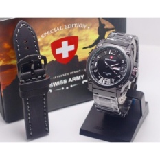 Swiss Army - Jam Tangan Pria - One Set - Bonus Tali Kulit Warna Hitam - Rantai Stainless Steel Keren Abis Fashion-Casual-Formal