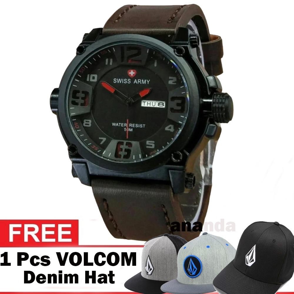 Swiss Army SA1441 DBR Water Resist 50M Jam Tangan Pria - Tali Kulit - Kasual / Sporty Watch - Bonus Topi Volcom Limited Hat