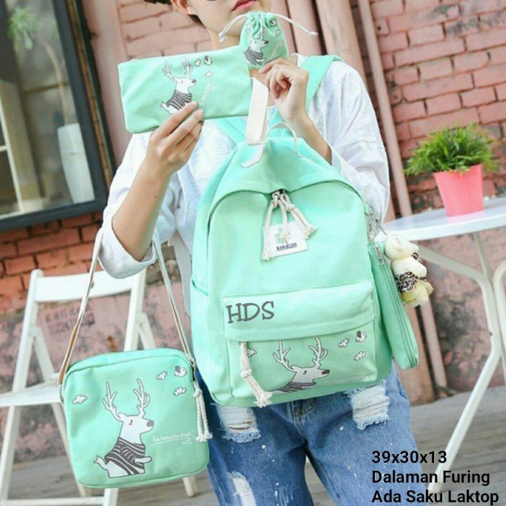 TAS RANSEL SET 4 IN 1 / BACKPACK SEKOLAH / TAS BERANAK MOTIF DEER