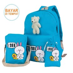 Tas Sekolah SD Anak Perempuan Backpack Ransel Bear Biru Line Cony Biru 3in1