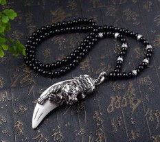 Hitam Alami Agate Perak Insets Gading Buah Northeast Harimau Wu Jing Bersama Gaya Serigala Gigi Berkabung untuk jatuh Ke Kalung Pria dan Wanita Gaya Sweter Rantai-Internasional