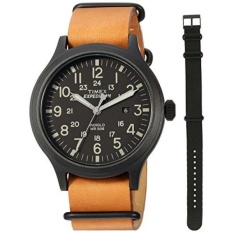 Timex Mens TWG016200 Expedition Scout 43 Tan Kulit Slip-Thru Strap Watch Gift Set + Tali Nilon Hitam- INTL