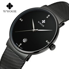 Top Brand WWOOR Mewah Pria's Watch Waterproof Auto Tanggal Memancar dari Kristal Kasual QUARTZ Jam Tangan For Pria Penuh Hitam Stainless Steel Mesh Watch Fashion Jam Tangan 8018 Skmei (Hitam)
