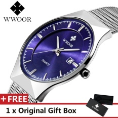 Top Merek Mewah WWOOR Pria Jam Tangan Stainless Steel Band Display QUARTZ Men Wrist Jam Ultra Tipis Dial Jam Fashion Watch Blue-Intl