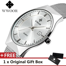 Top Merek Mewah WWOOR Pria Jam Tangan Stainless Steel Band Display QUARTZ Men Wrist Jam Ultra Tipis Dial Jam Fashion Jam Tangan Putih-Intl