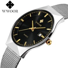 Top Merek Mewah WWOOR Watch Pria Merek Pria's Watches Ultra Tipis Stainless Steel Mesh Band Jam Tangan Kuarsa Fashion Casual Watches 8016 (Silver Black) -Intl