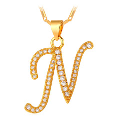 U7 Abjad N Kalung Liontin Inisial Kubik Zirconia 18 KB Nyata Emas Berlapis Fashion Wanita/Pria Hadiah Perhiasan (Emas)
