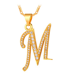 U7 Liontin Kalung Awal Abjad M Kubik Zirconia 18 Karat Asli Berlapis Emas Fashion Wanita/Pria Hadiah Perhiasan (Emas)