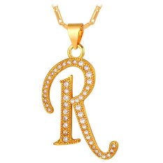 U7 Abjad R Awal Pasangan Kalung Kubik Zirkonia 18 KB Nyata Emas Berlapis Fashion Wanita/Pria Hadiah Perhiasan (emas)