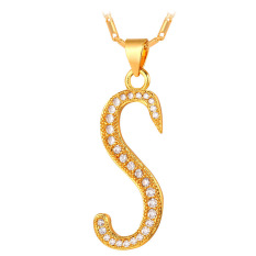 U7 Abjad S Kalung Liontin Inisial Kubik Zirconia 18 KB Nyata Emas Berlapis Fashion Wanita/Pria Hadiah Perhiasan (Emas)