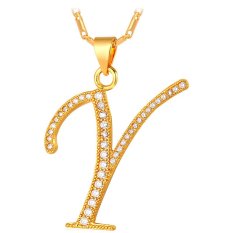 U7 Abjad Y Kalung Liontin Inisial Kubik Zirkonia 18 KB Nyata Emas Berlapis Fashion Wanita/Pria Hadiah Perhiasan (emas)