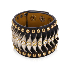 U7 Fashion Berlian Imitasi Punk Gelang Kulit Asli Berkualitas Tinggi Gelang Kulit untuk Pria Sempurna Pesta Aksesoris Perhiasan (Hitam) -Intl