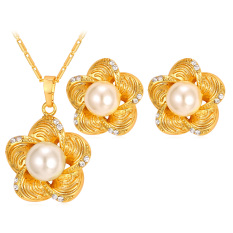 U7 bunga anting-anting Set perhiasan mutiara kalung berlian imitasi untuk Fashion wanita 18 karat asli berlapis emas perhiasan aksesoris yang sempurna (Gold)