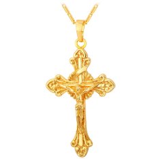 U7 Latin Salib Yesus Pieces Pendant Kalung 18 K Emas Emas Disepuh Fashion Wanita/Pria Religius Perhiasan (Emas)