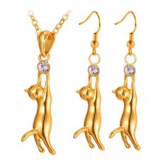 U7 Lovely Cat Pendant Kalung Earrings Set Hadiah untuk Wanita Rhinestone Kuning Emas Disepuh/Platinum Plated Jewelry Sets Sempurna Aksesoris Hadiah (Emas/Perak) -Intl