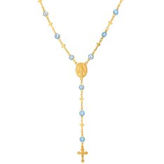 U7 Beruntung Mata Jahat Email Rantai Salib Yesus Kalung 18 Karat Asli Berlapis Emas Perhiasan Fashion Wanita (Biru)