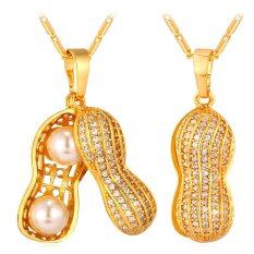 U7 Kacang Perhiasan Mewah Mutiara Kubik Zirconia 18 KB Nyata Emas Berlapis Liontin Kalung (Emas)