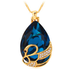 U7 Perhiasan Kristal 18 KB Emas Berlapis Batu Tetesan Air Imitasi Kalung Hadiah Romantis Pasangan Swan (Biru)