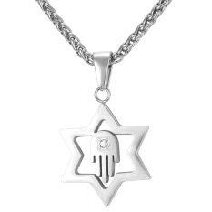 U7 Bintang David Hamsa Hand Pendant Kalung Busana Rhinestone 316L Stainless Steel Pria/Wanita Perhiasan Hadiah Pesta Yang Sempurna untuk Pria (Perak) -Intl