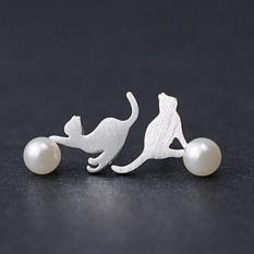 Unik Fantastis Mutiara Alami Kucing Lucu Kucing Anting 925 Sterling Silver Stud Earrings untuk Wanita Perhiasan-Intl