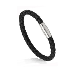 Unisex Wanita Pria Clasp Bracelet Bangle Asli Dikepang Kulit Steel Magnetic-Hitam-Intl