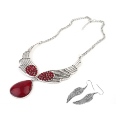 USTORE Wanita Diamond Berlapis Gemstone Necklace Anting Pair Semua Cocok Angel Wings Set Merah-Internasional