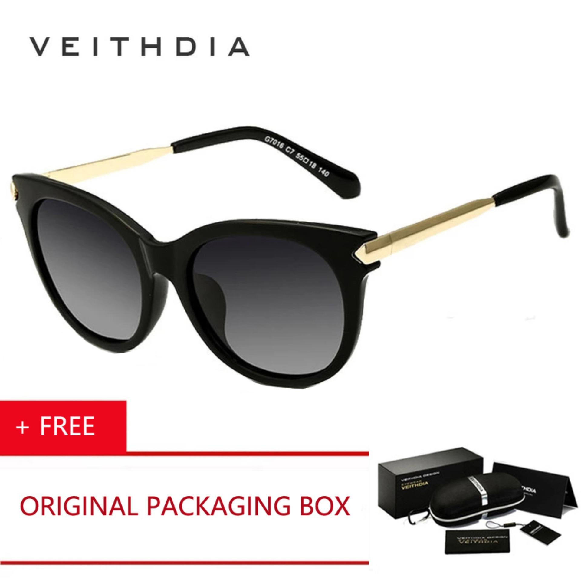 VEITHDIA Wanita Original Brand Logo HD Terpolarisasi Berkendara Aksesoris Sunglasses Kacamata Vintage Retro Eyewear TR90 Kacamata Hitam 7016 (HITAM) Kacamata Hitam [buy 1 Get 1 Freebie]