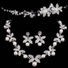 Vienna Linz Set Perhiasan Pearl Three Piece Diamond Butterfly Earring Necklace Headdress Kalung Anting Hiasan Rambut s6737 - Silver