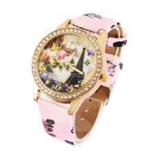 Vintage Paris Menara Eiffel Jam Kuarsa Kulit Kasual Wanita Kristal Jam Tangan