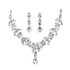 Pernikahan Pengantin Berlian Imitasi Kristal Set Perhiasan Kalung Anting-anting Berlapis-Internasional
