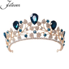 Pernikahan Pesta Bridal Crown Tiara Rhinestone Baroque Hairband Rambut Aksesoris Danau Biru-Intl